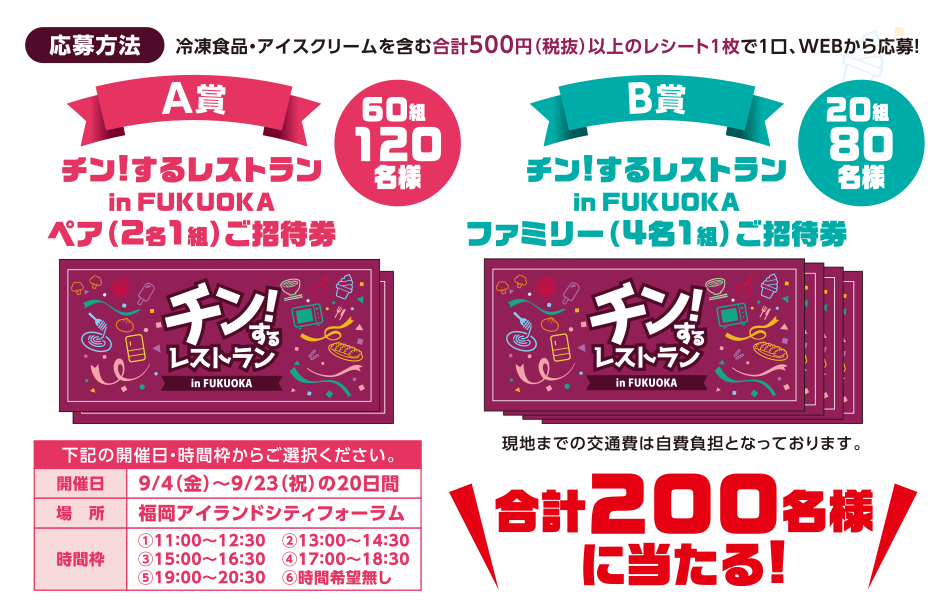応募方法 冷凍食品・アイスクリーム2品以上含む500円（税抜）以上のレシート（複数枚可）で店頭応募はがき・郵便はがき・WEBのいずれかで応募! A賞：チン!するレストランin FUKUOKAペア（2名1組）ご招待券　抽選で60組120名様　B賞：チン!するレストランin FUKUOKAファミリー（4名1組）ご招待券　抽選で20組80名様